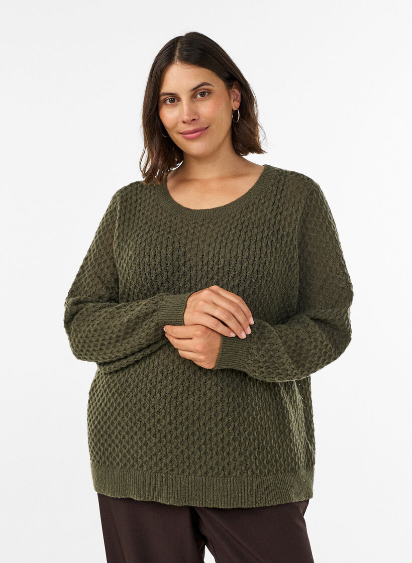 Knitted blouse with a textured openwork pattern, Green, Model image number 0