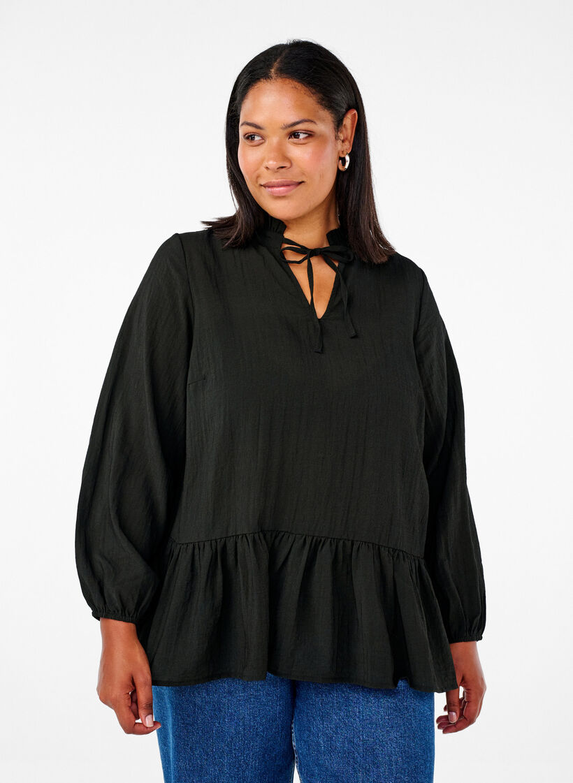 Long-sleeved blouse with peplum, Black, Model image number 0