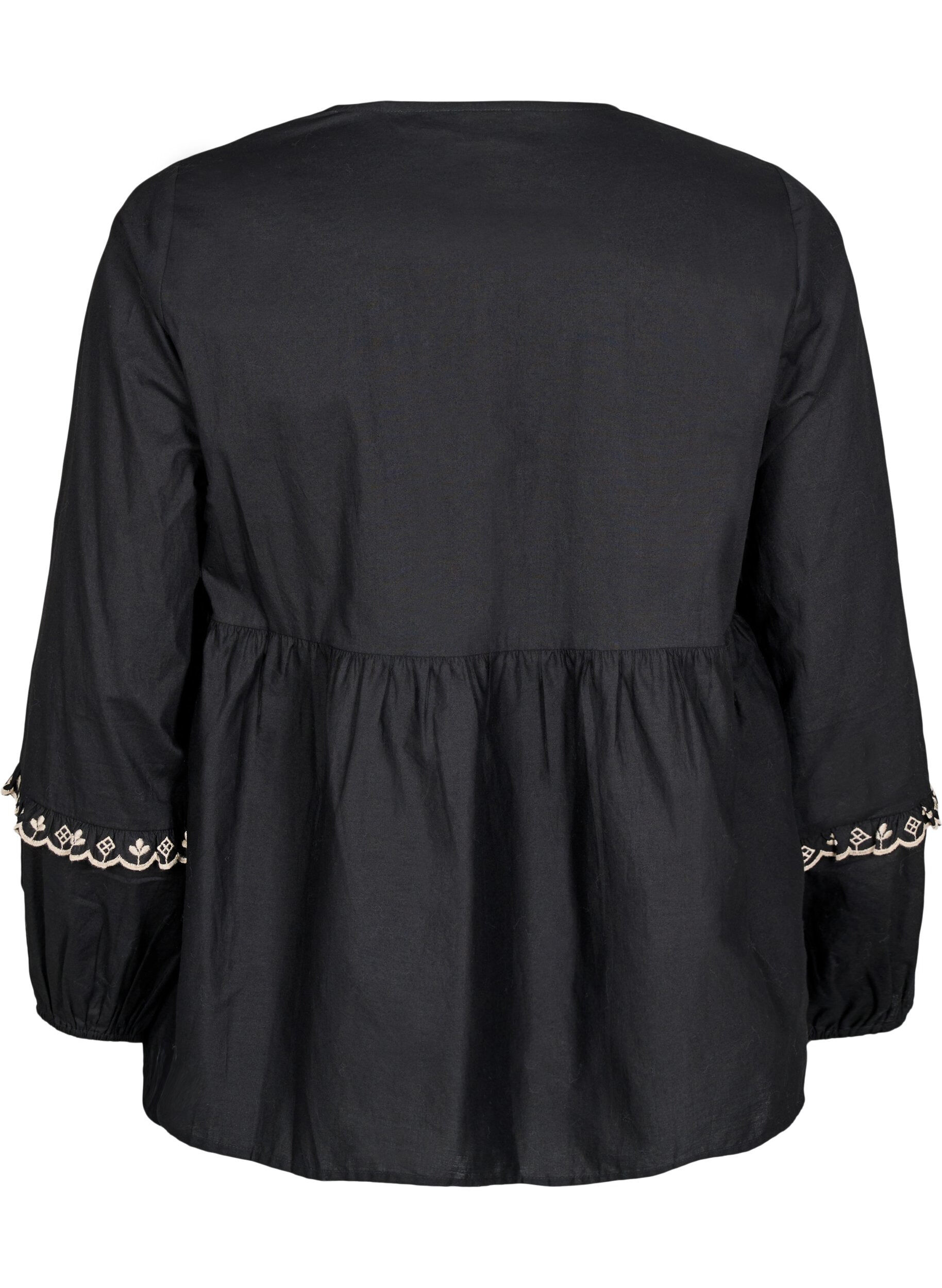 Zizzifashion Blouse with open front and embroidered details, Black, Packshot image number 1