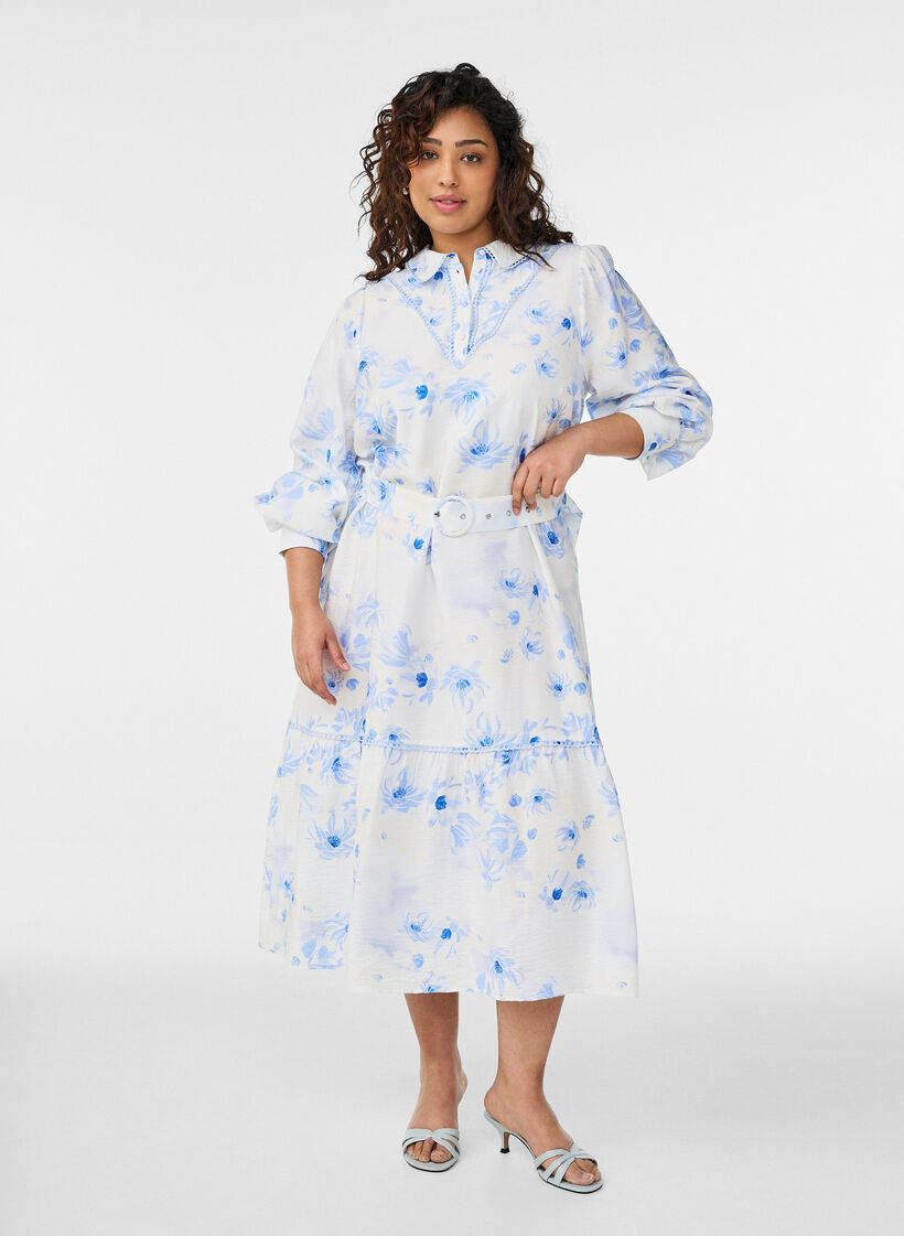 Floral midi dress with a belt and long sleeves, Light Blue, Model image number 0