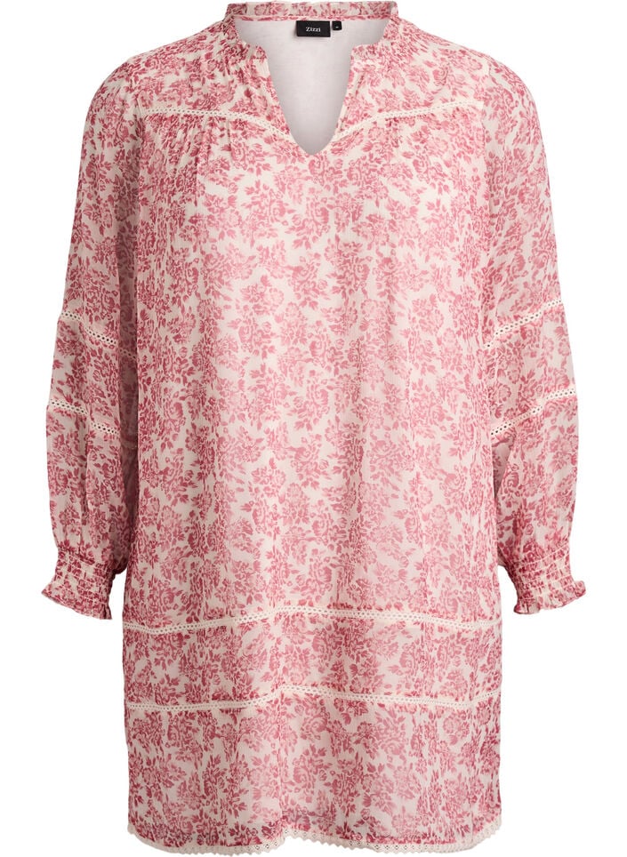 Short chiffon dress with crochet details, Rose, Packshot image number 0