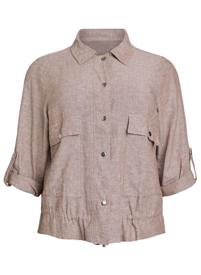 Linen and viscose shirt blouse with an adjustable waist, Brown, Packshot image number 0