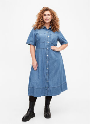 Denim shirt dress with short sleeves, Light Blue Denim, Model image number 2