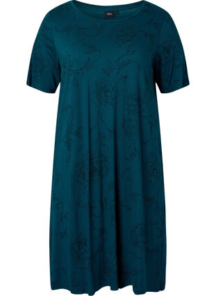 Printed nightdress in viscose, Deep Teal Flower, Packshot image number 0