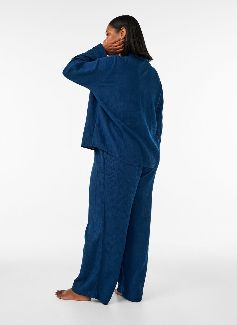 Loose cotton muslin pyjama bottoms, Blue, Model image number 1