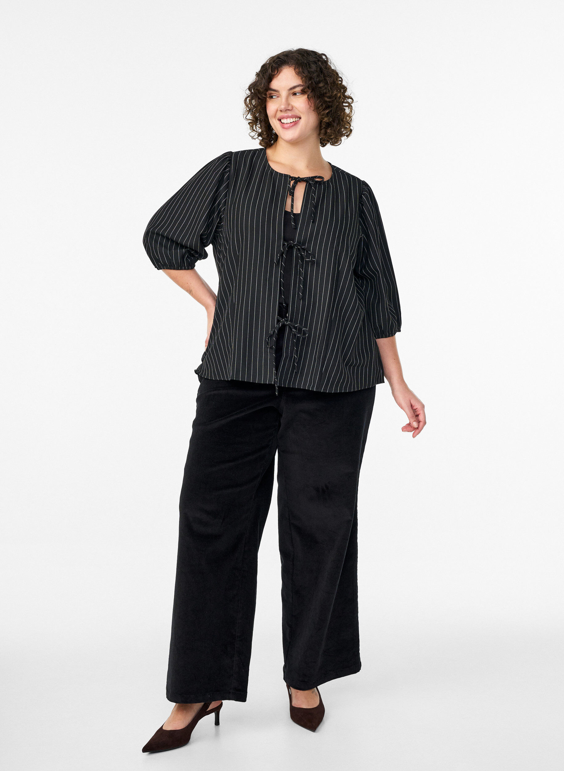 Zizzifashion Blouse with pinstripes and tie strings, Black, Model image number 1