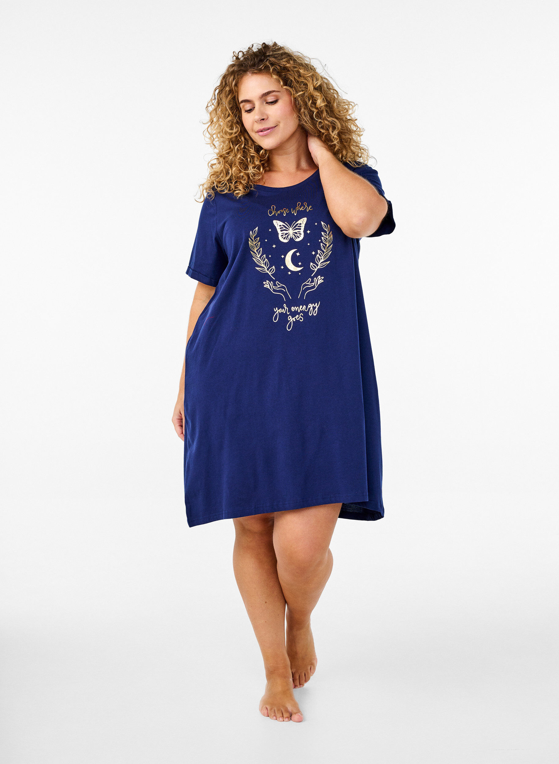 Zizzifashion Short-sleeved nightgown in organic cotton, Blue, Model image number 1