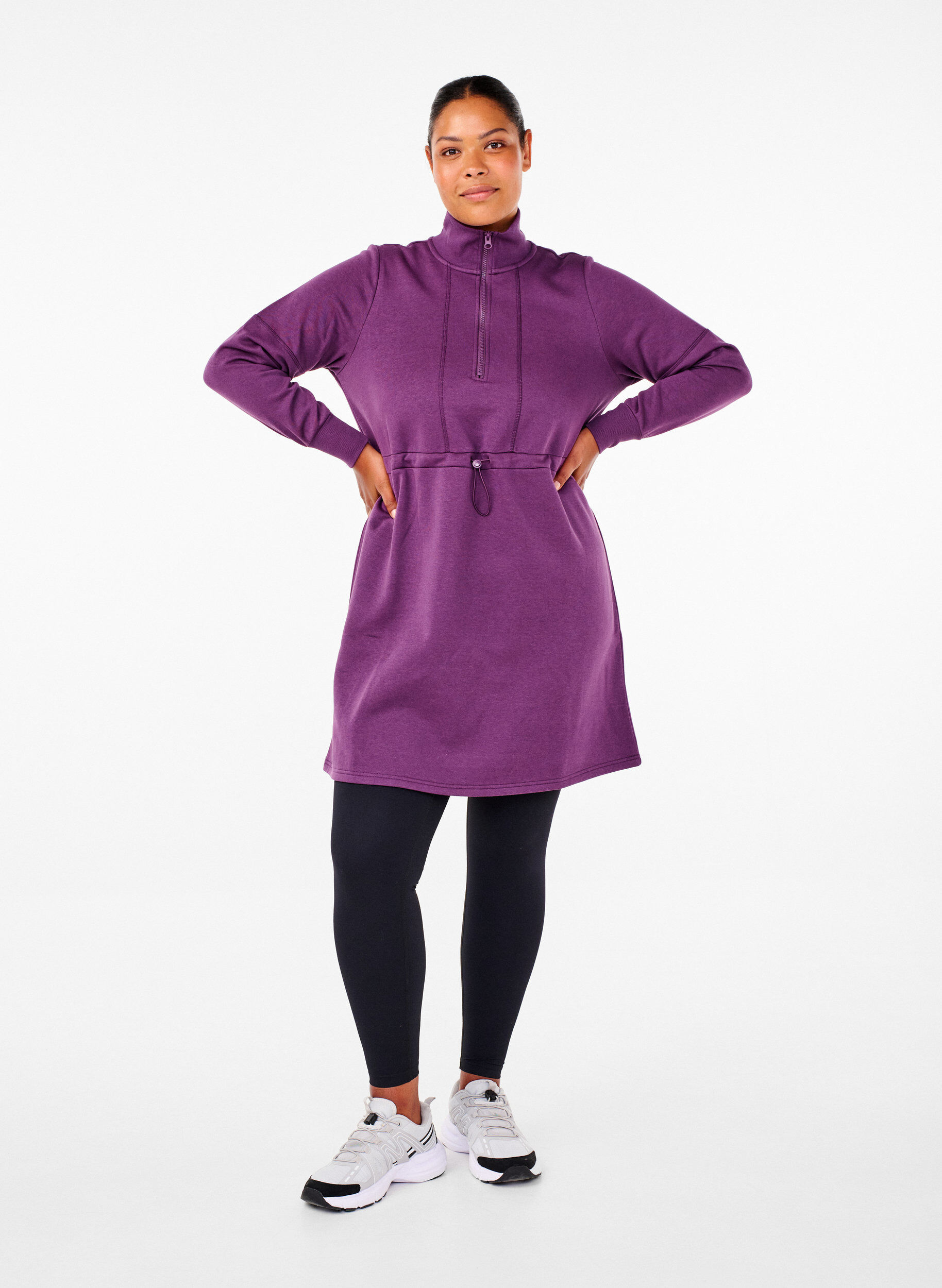 Zizzifashion Short sweatshirt dress with a high neck and adjustable waist, Deep Purple, Model image number 3