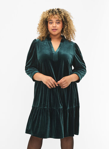 Velour dress with ruffle collar and 3/4 sleeves, Scarab, Model image number 0