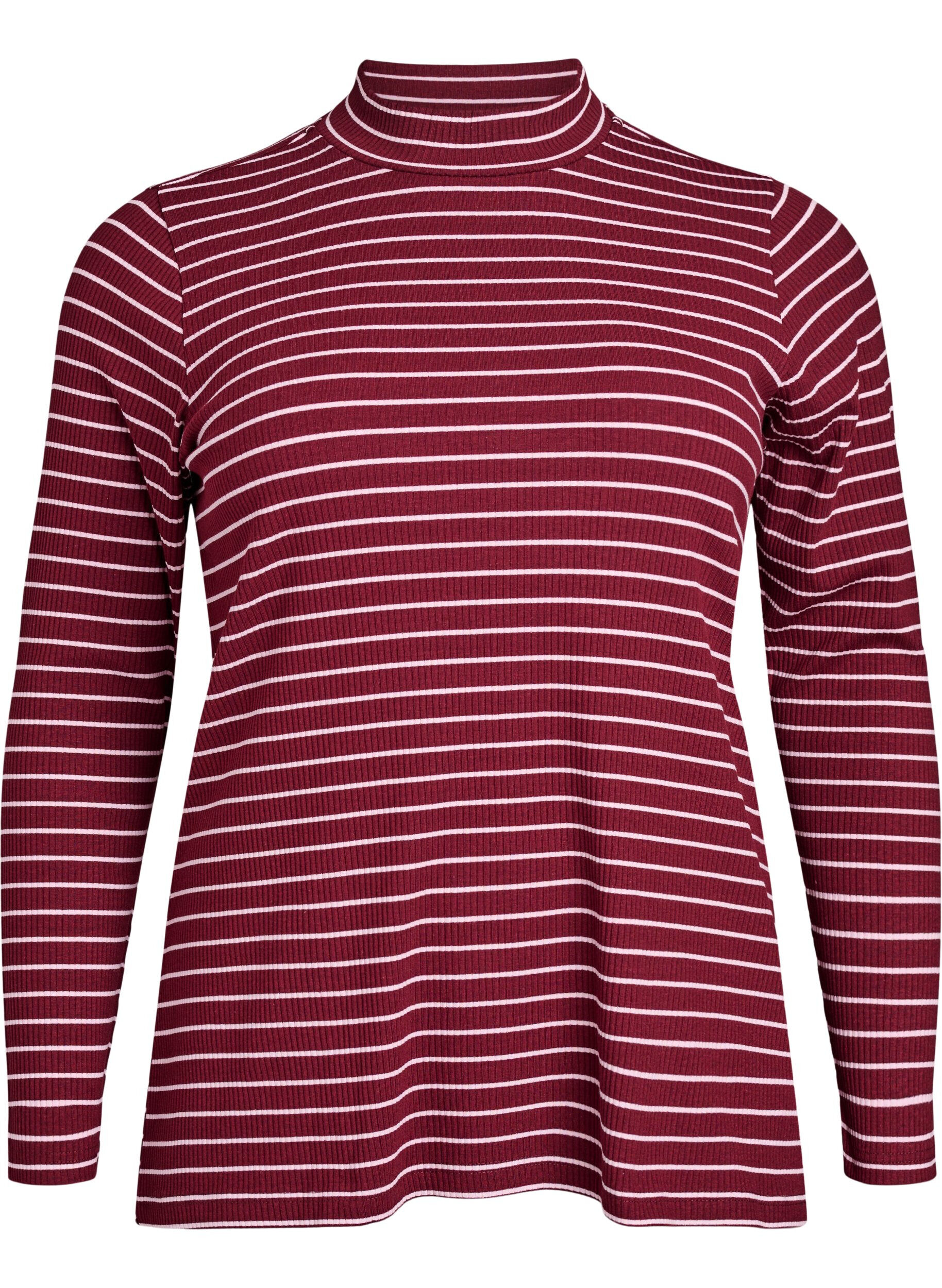 Zizzifashion Striped ribbed jersey blouse with a high neck, Dark Bordeaux, Packshot image number 0
