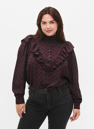 Shirt blouse in viscose with frilled details, Winetasting w. Black, Model image number 0