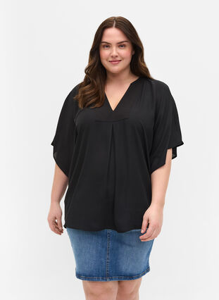 V-neck blouse with batwing sleeves, Black, Model image number 0