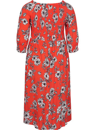 Floral viscose midi dress with smock, Fiery Red Flower AOP, Packshot image number 1