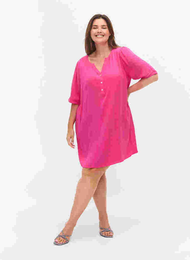 Viscose tunic with V-neck and buttons, Magenta, Model image number 2