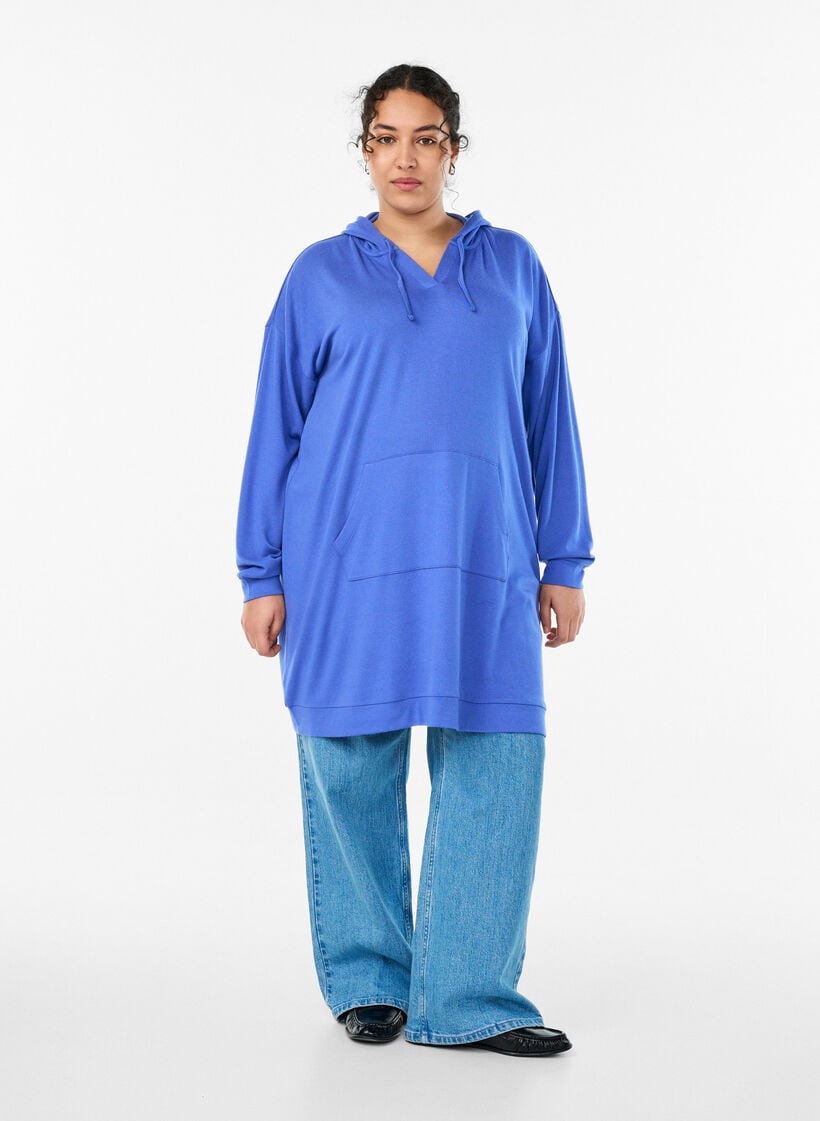 Short hoodie dress with a kangaroo pocket, Blue, Model image number 1