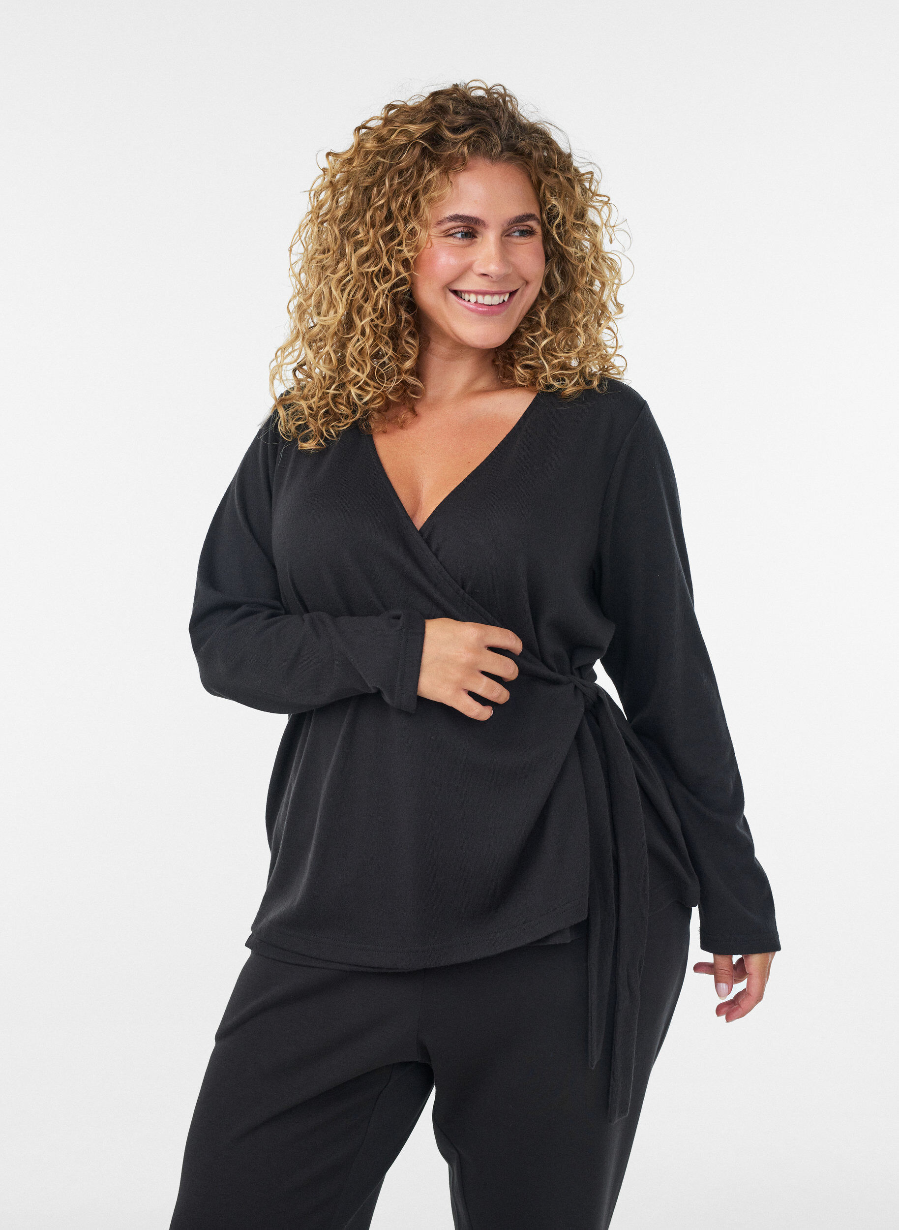 ZizzifashionJersey wrap blouse with a tie-fastening, Black, Model image number 0