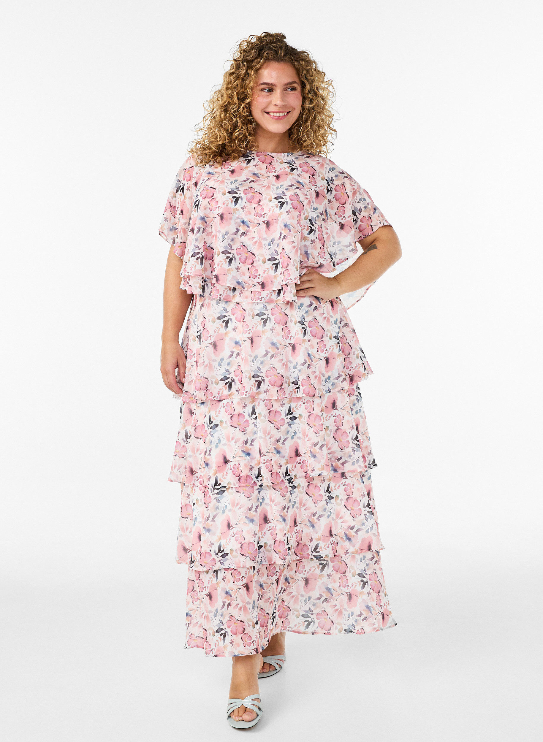 ZizzifashionMaxi dress with ruffle layers and detachable cape, White, Model image number 0