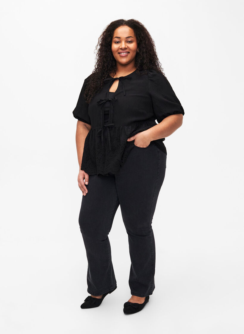 Viscose blouse with embroidery anglaise, Black, Model image number 3