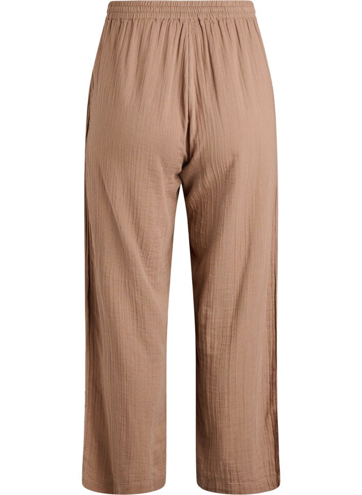High-waisted cotton muslin trousers with loose legs, Brown, Packshot