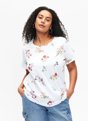 Organic cotton T-shirt with floral print, Bright W. AOP Flower, Model image number 0