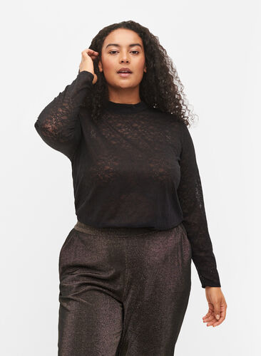 Close-fitting lace blouse with long sleeves, Black, Model image number 0