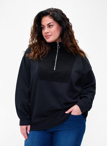 	 High neck sweatshirt with teddy and zip, Black, Model image number 0