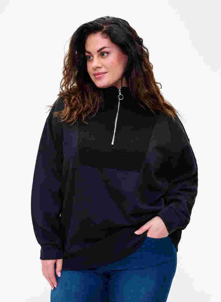 	 High neck sweatshirt with teddy and zip, Black, Model