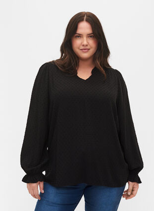 Long-sleeved blouse with smock and ruffle details, Black, Model image number 0