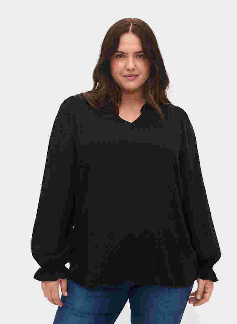 Long-sleeved blouse with smock and ruffle details, Black, Model