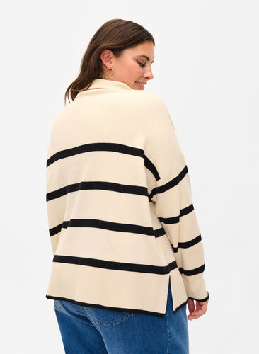 Pullover with stripes and high collar	, Birch w. Black, Model image number 1