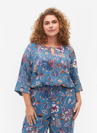 Printed viscose blouse with short sleeves, Smoke Blue Paisley, Model image number 0