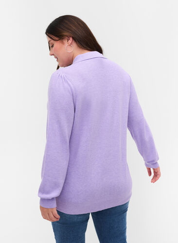 Knitted blouse with collar and embellished buttons, Purple Rose Mel., Model image number 1