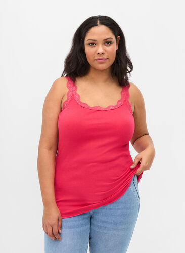Top with lace trim, Raspberry, Model image number 0