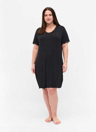 Short-sleeved night dress in viscose, Black, Model image number 3