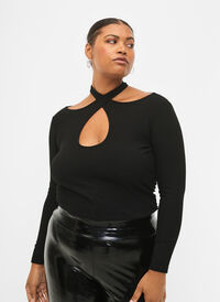 Cut-out blouse with long sleeves, Black, Model