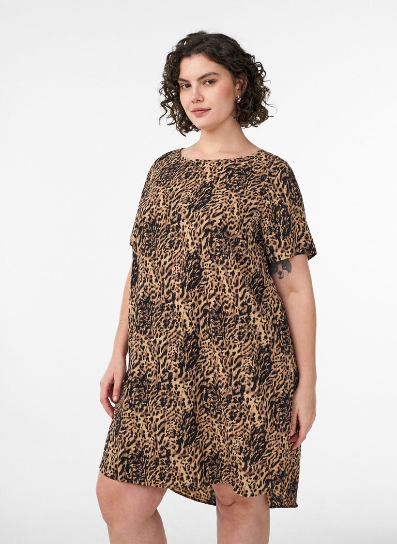 Dress with print and short sleeves, Brown, Model image number 1