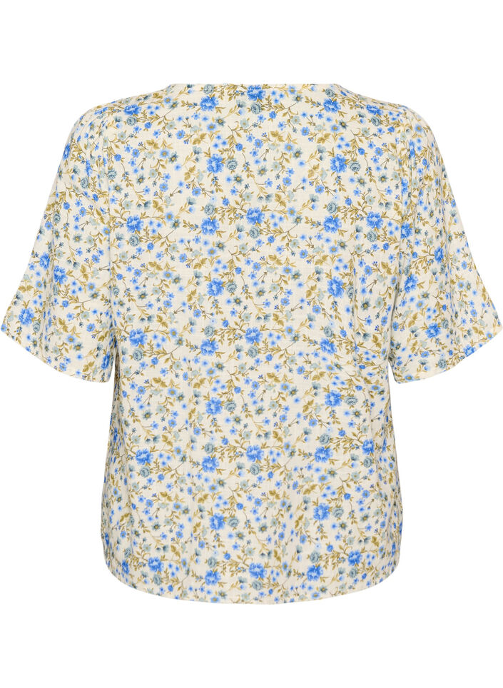 Short-sleeved cotton shirt with a V-neck, Blue, Packshot