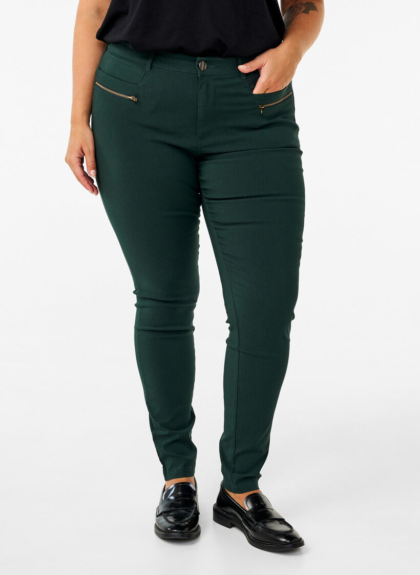 Tight-fitting trousers with zip details, Green, Model image number 2