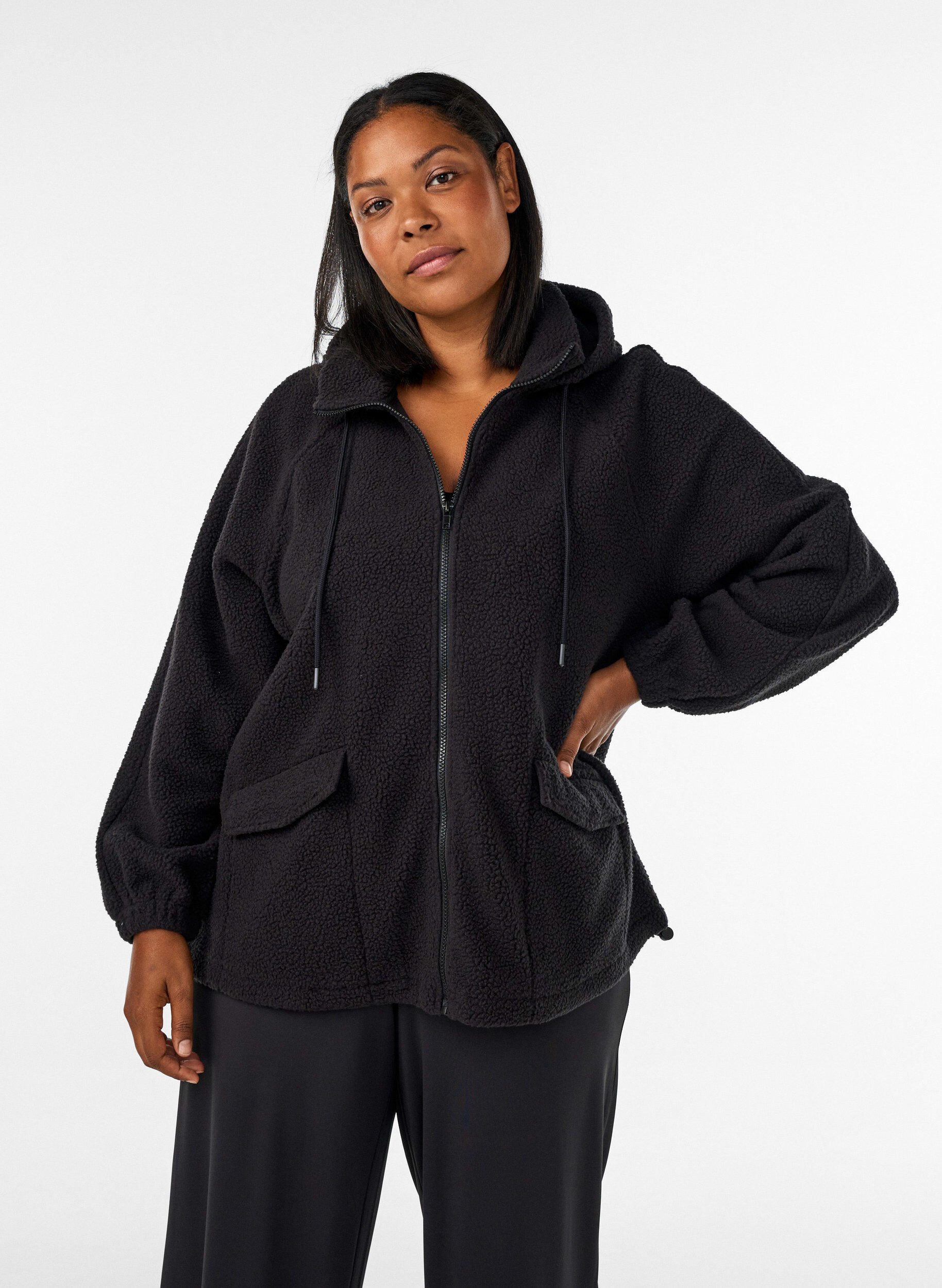 Teddy jacket with a hood and zipper, Black, Model