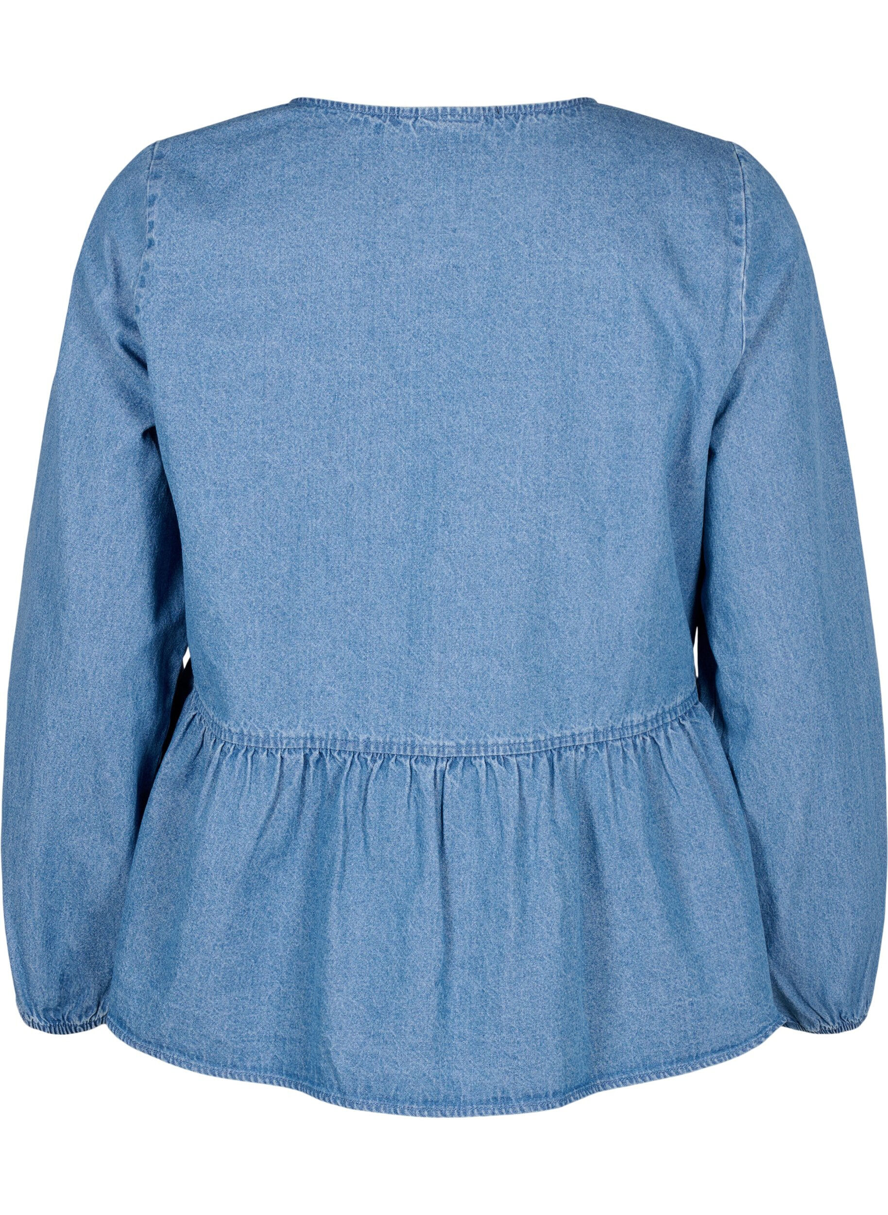 Zizzifashion Denim peplum blouse with tie fastening, Light Blue Denim, Packshot image number 1