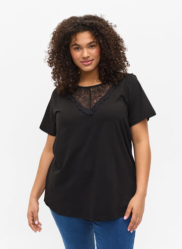 Short-sleeved t-shirt with cotton details, Black, Model image number 0