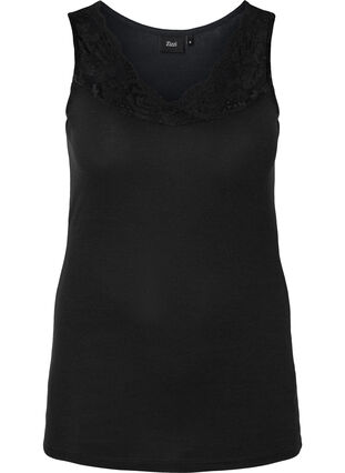 Ribbed night top with lace, Black, Packshot image number 0