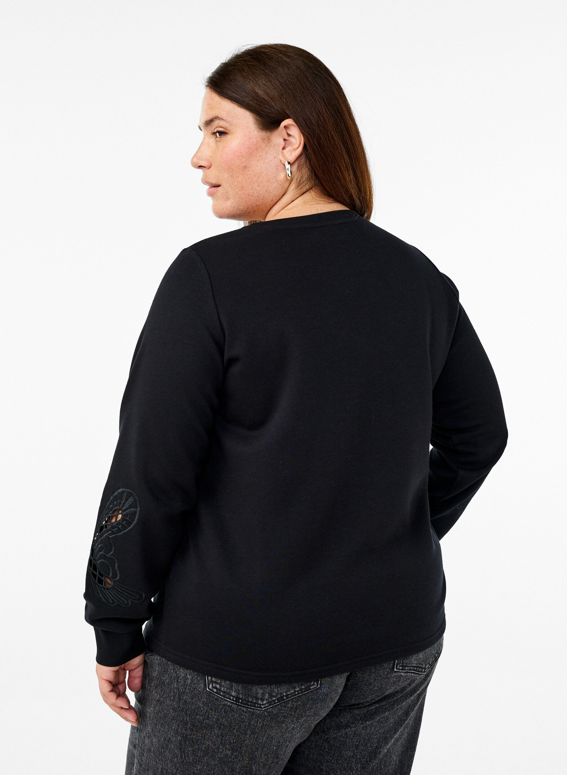 Zizzifashion Sweatshirt with embroidered cut-outs, Black, Model image number 1