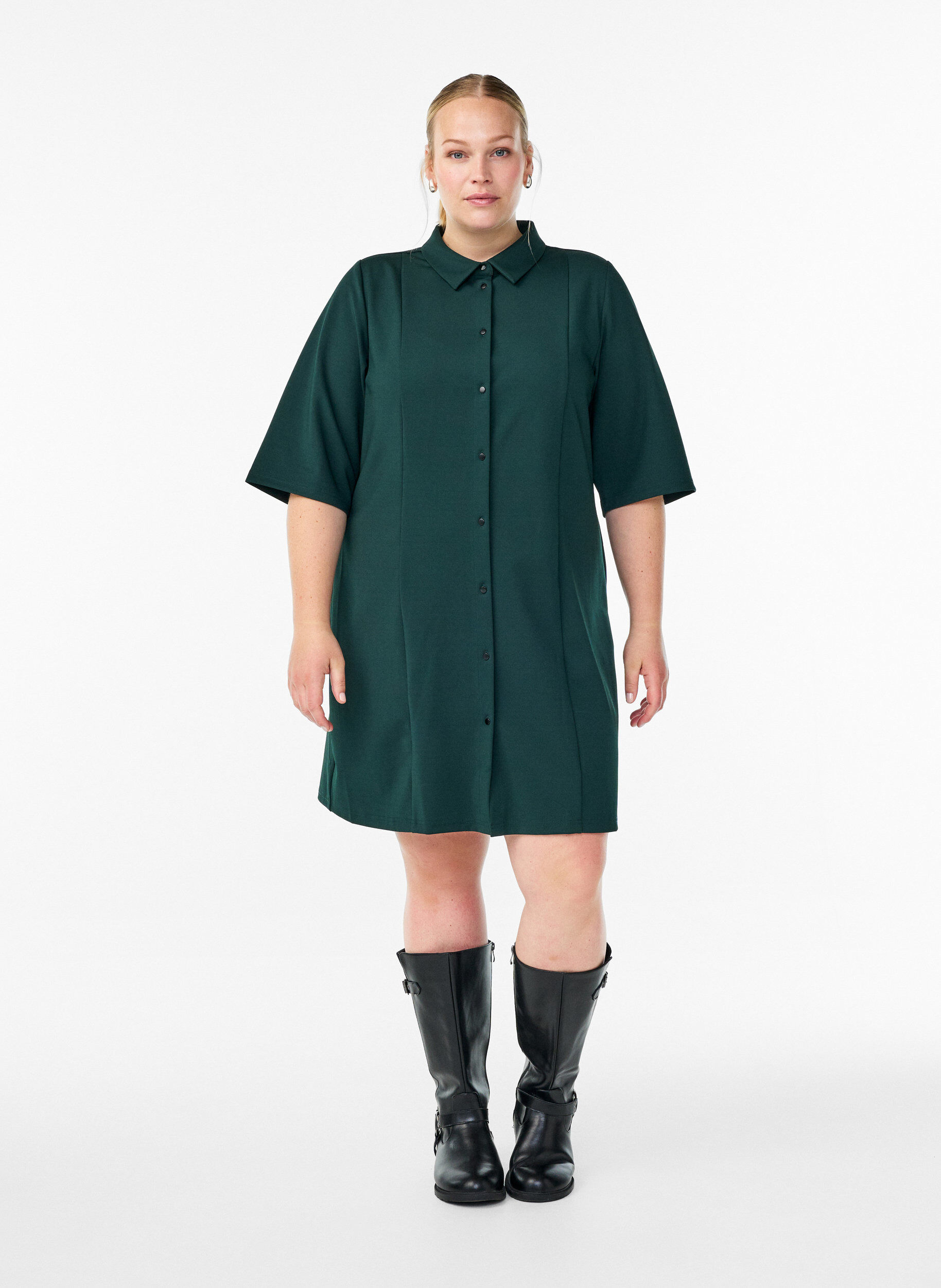 Zizzifashion Short shirt dress with 3/4 sleeves, Green, Model image number 1