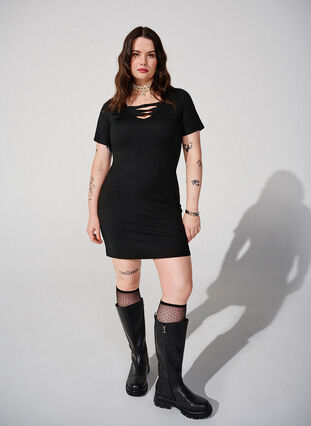 Tight-fitting dress with V-neck and strap detail Tight-fitting dress with V-neck and strap detail