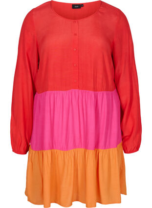 Viscose tunic with colour-block, Pink Block, Packshot image number 0