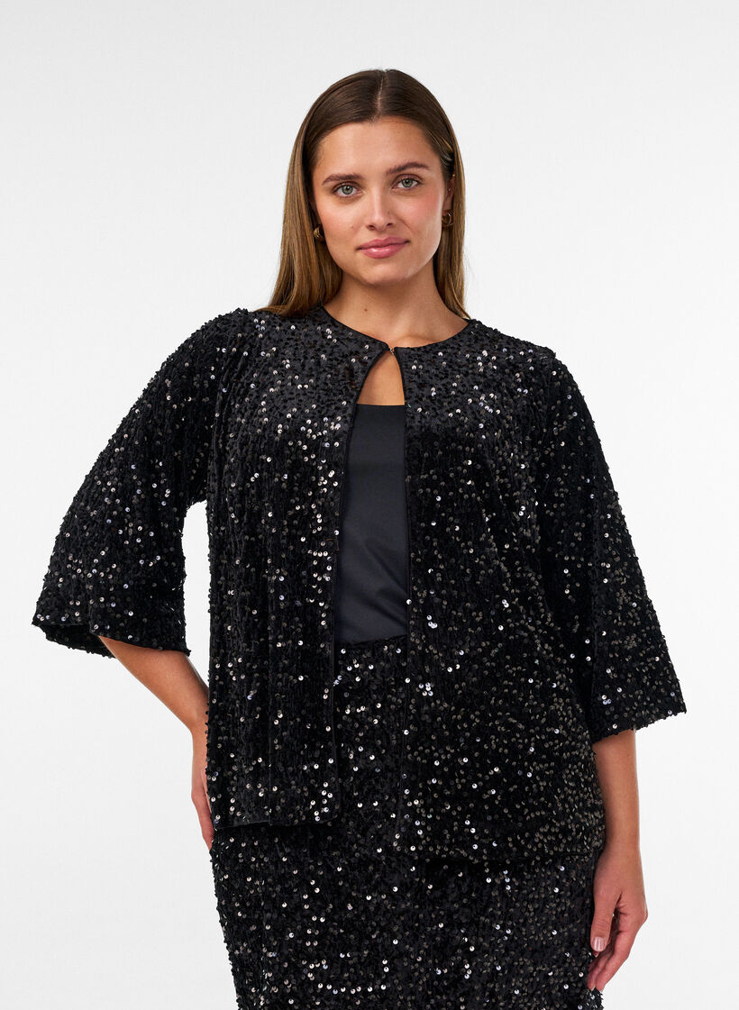 Cardigan with sequins and 3/4 sleeves, Black, Model image number 0
