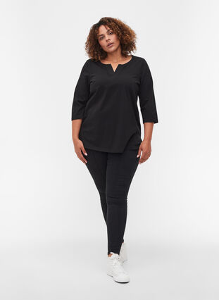 Plain-coloured cotton blouse with 3/4-length sleeves and slits, Black, Model image number 2