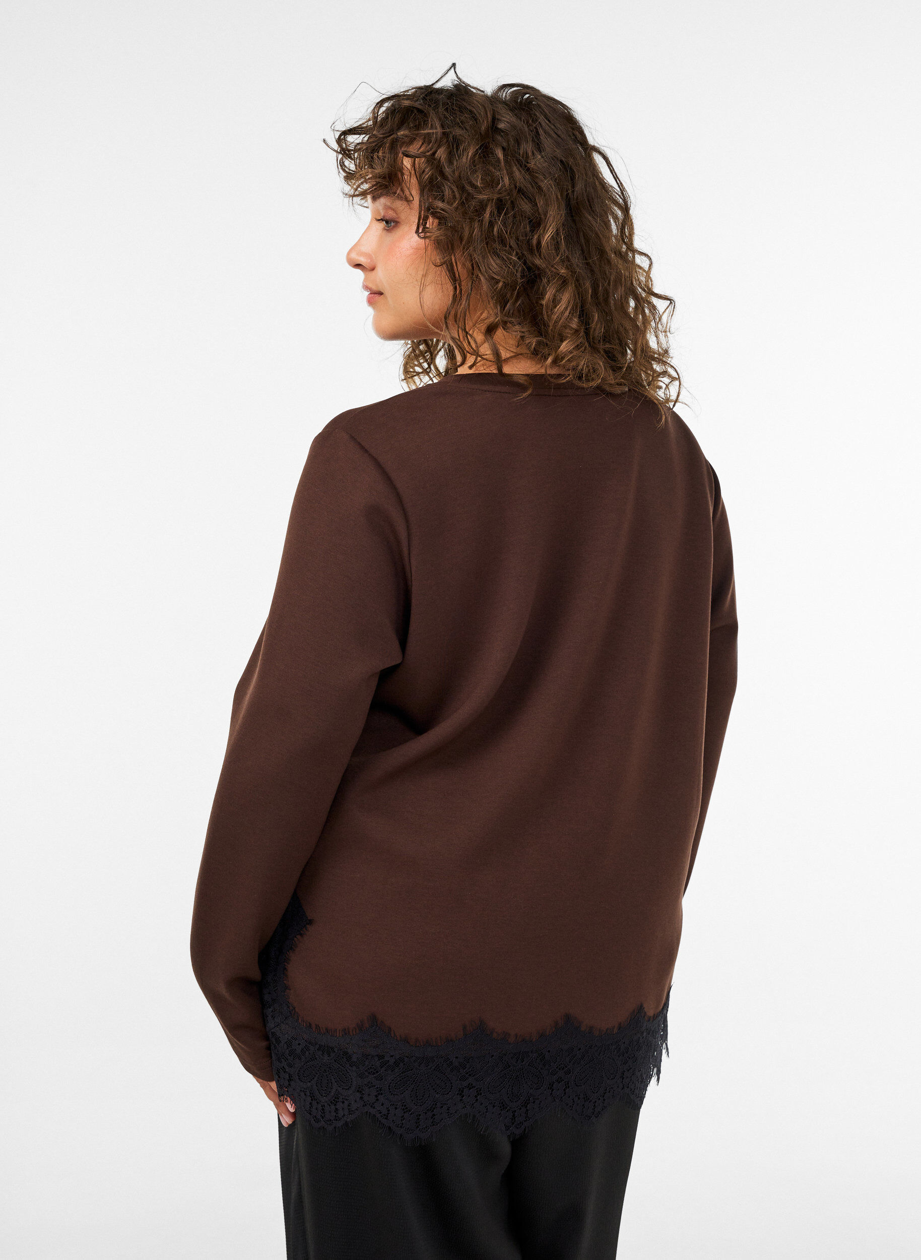 ZizzifashionJersey blouse with lace trim, Brown, Model image number 2