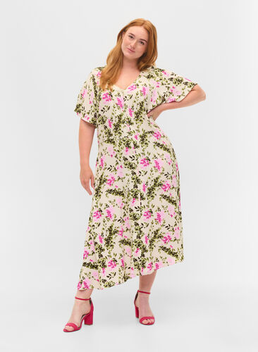 Buttoned down midi dress in viscose, Green Pink AOP, Model image number 0